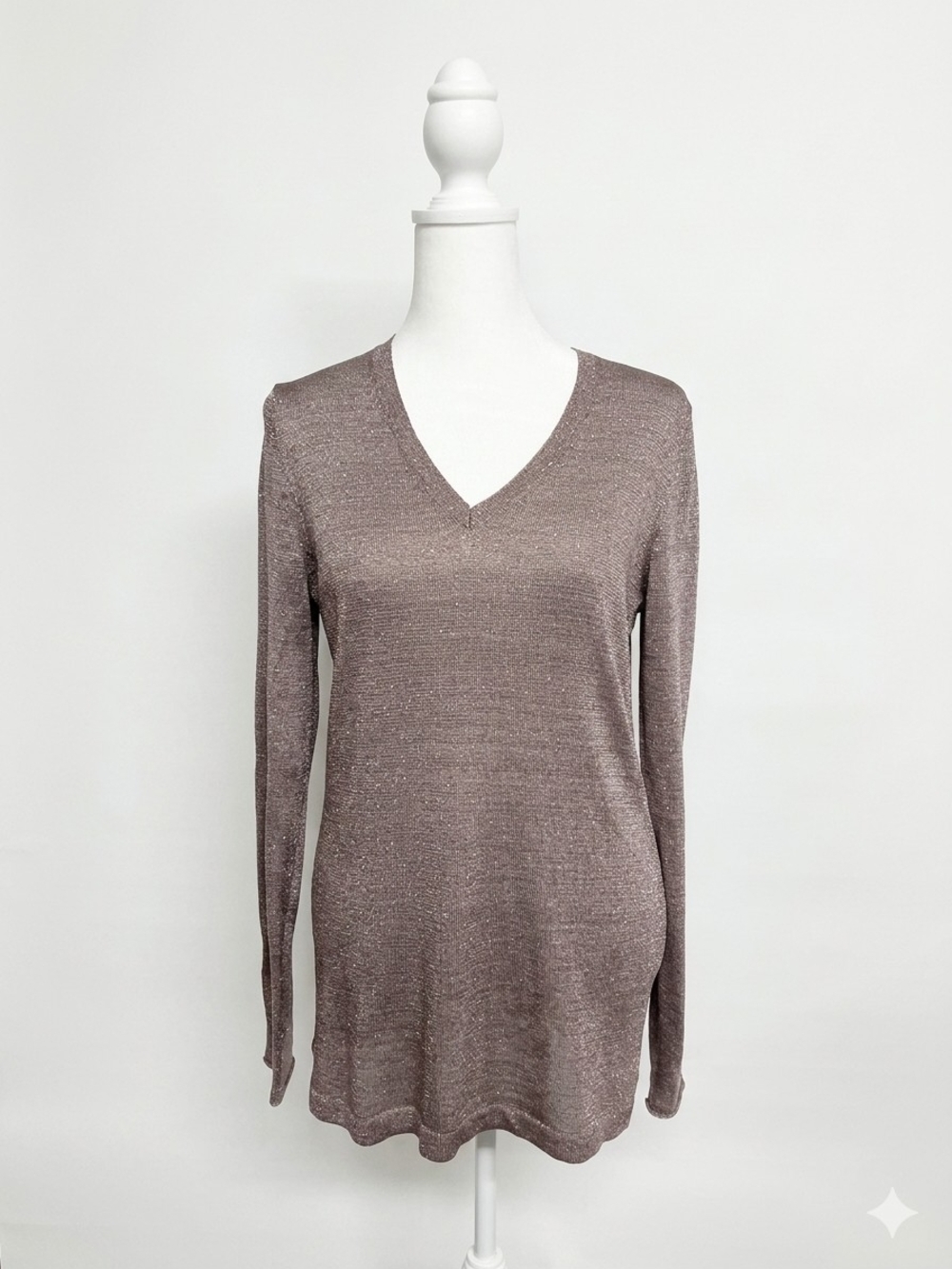 White + Warren Mauve Lurex Shine Deep V-Neck Sweater Medium